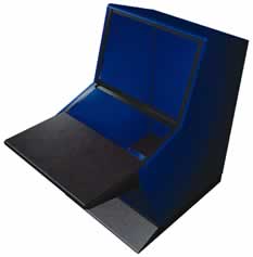 PROFILE F Console provides 6RU of space above the desk in a unique angled design and a further 10RU of space above that.  Available in 10", 21" and 650mm wide formats.